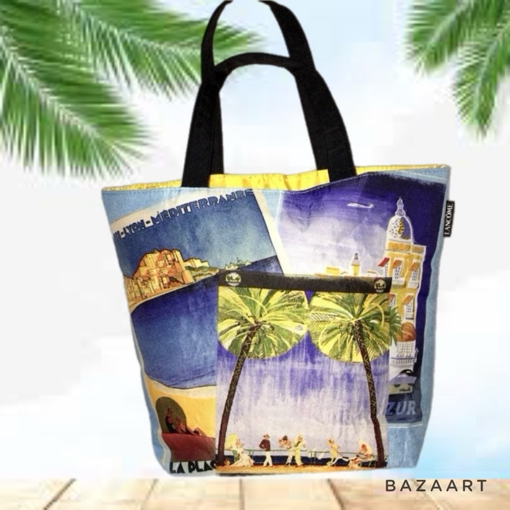 ☔️ Lancome Riviera Collection Cote D'Azur Paris Lyon Tote Bag Blue Yellow